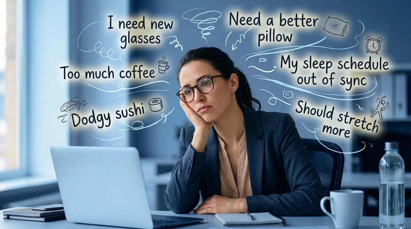 A tired executive sitting at a laptop with swirling text about stress and sleep issues, demonstrating how can anxiety cause headaches and other weird physical symptoms of anxiety.