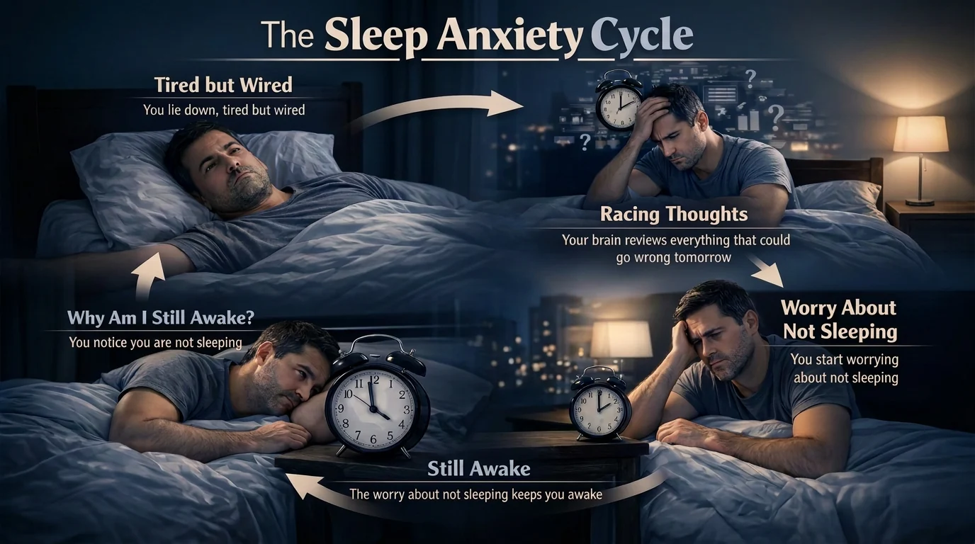 Infographic illustrating the sleep anxiety cycle of a man in bed, showing how a mind racing can't sleep anxiety loop causes late night insomnia.
