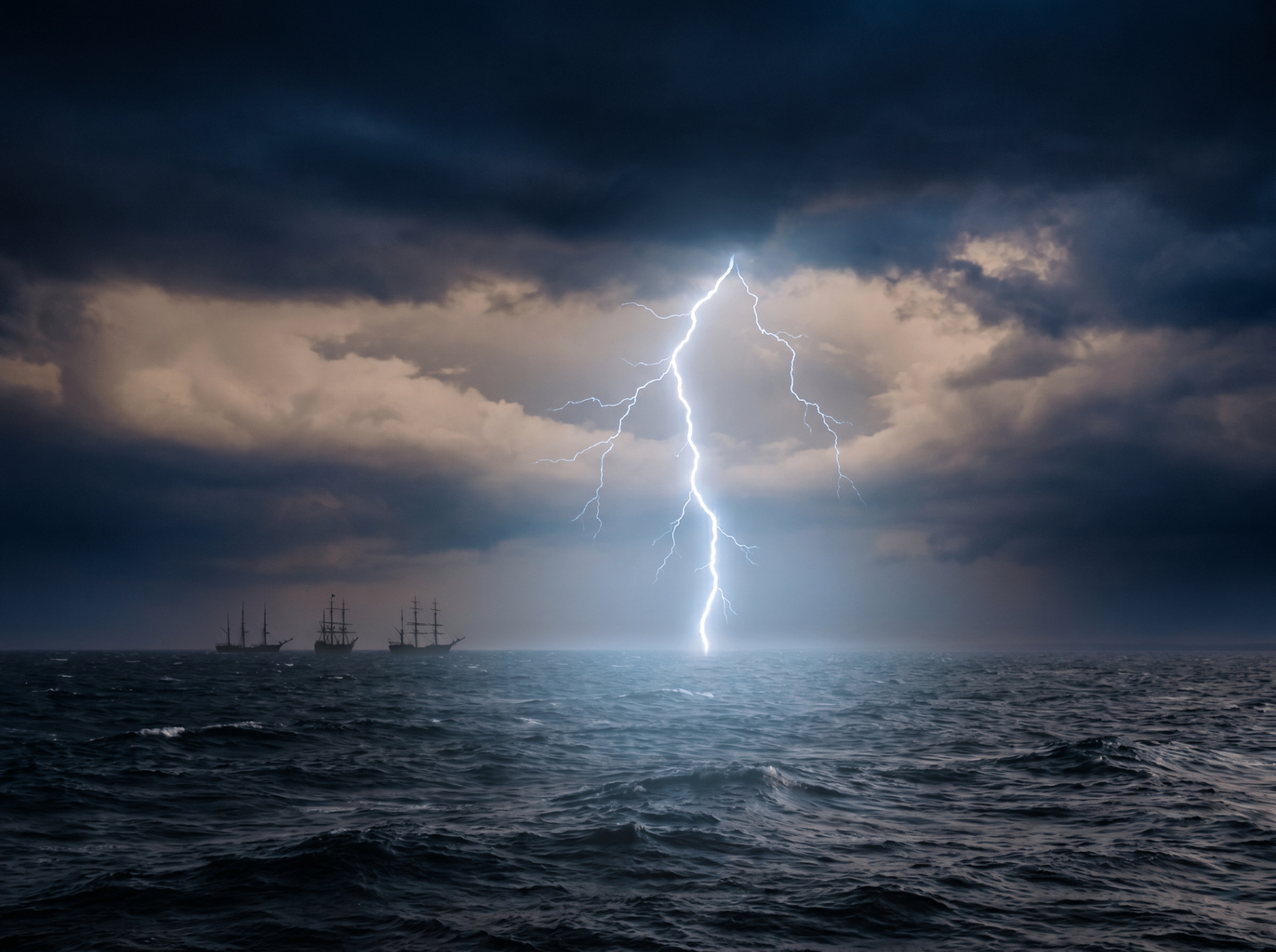 Storm at sea with lightning striking near tall ships — a metaphor for the internal storm high performing lawyers carry beneath a composed surface.