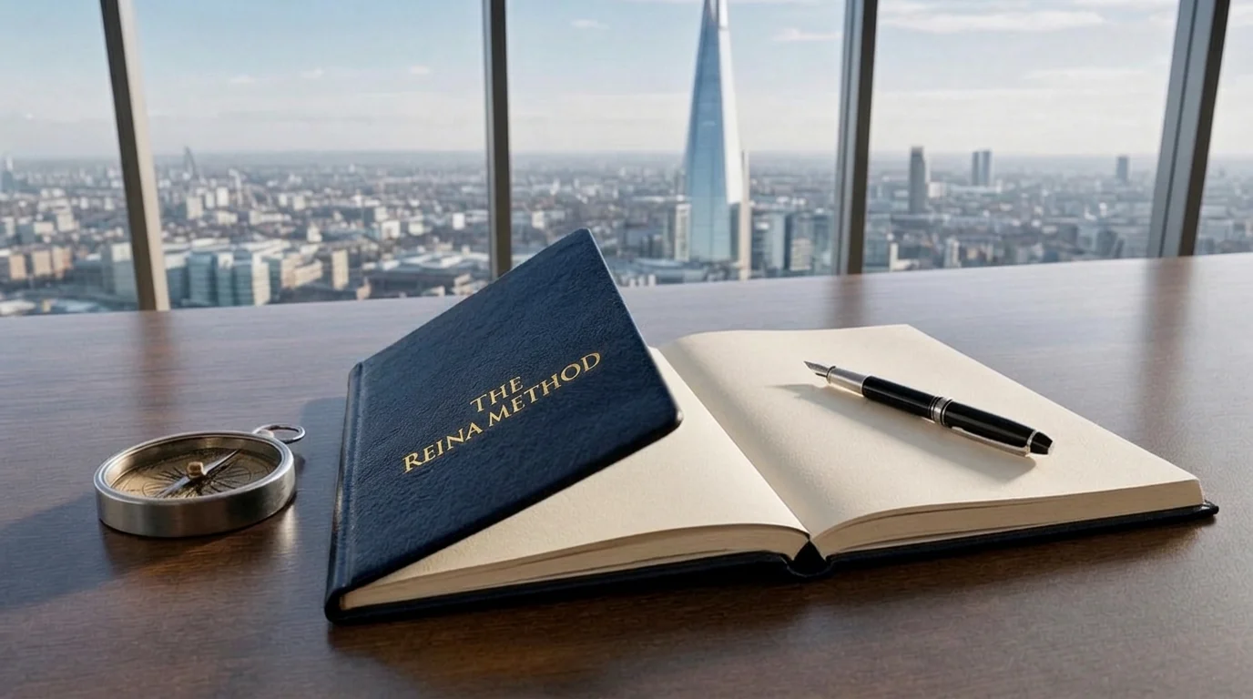 Executive office setting for professional coaching for lawyers, featuring a notebook titled "THE REINA METHOD," a fountain pen, and a compass with a city view.