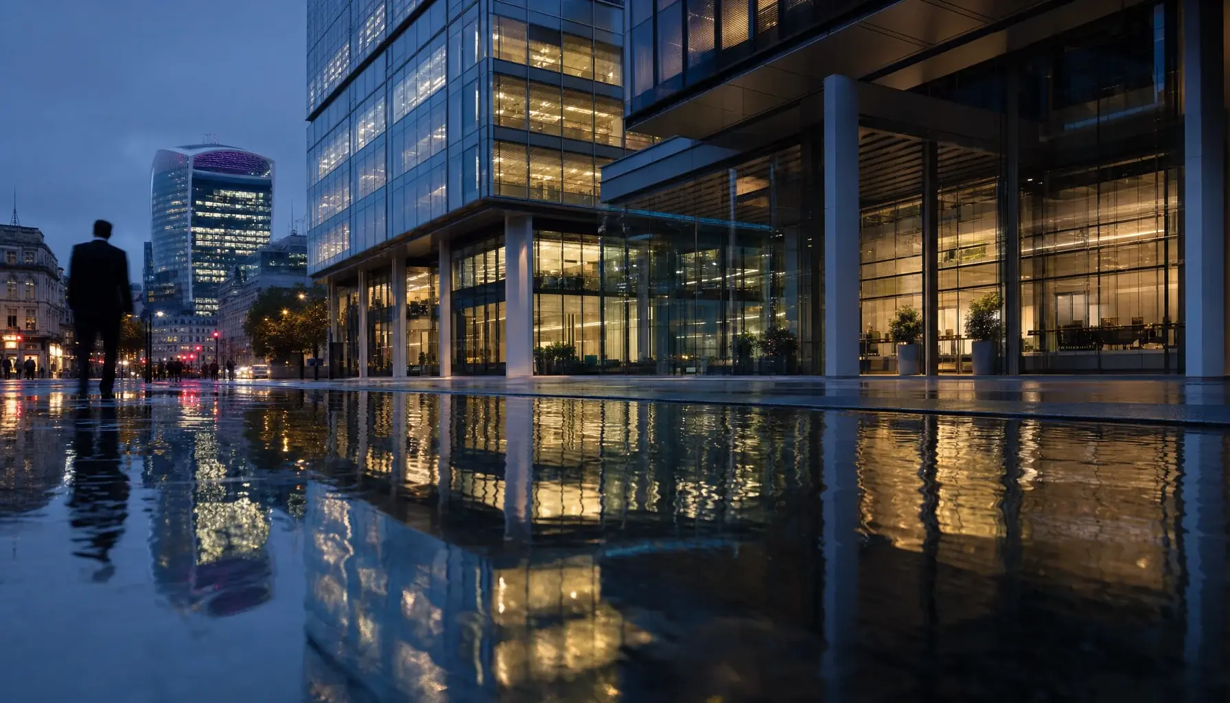 Professional in a suit walking past modern glass law firm buildings in London at twilight, representing executive coaching for lawyers.