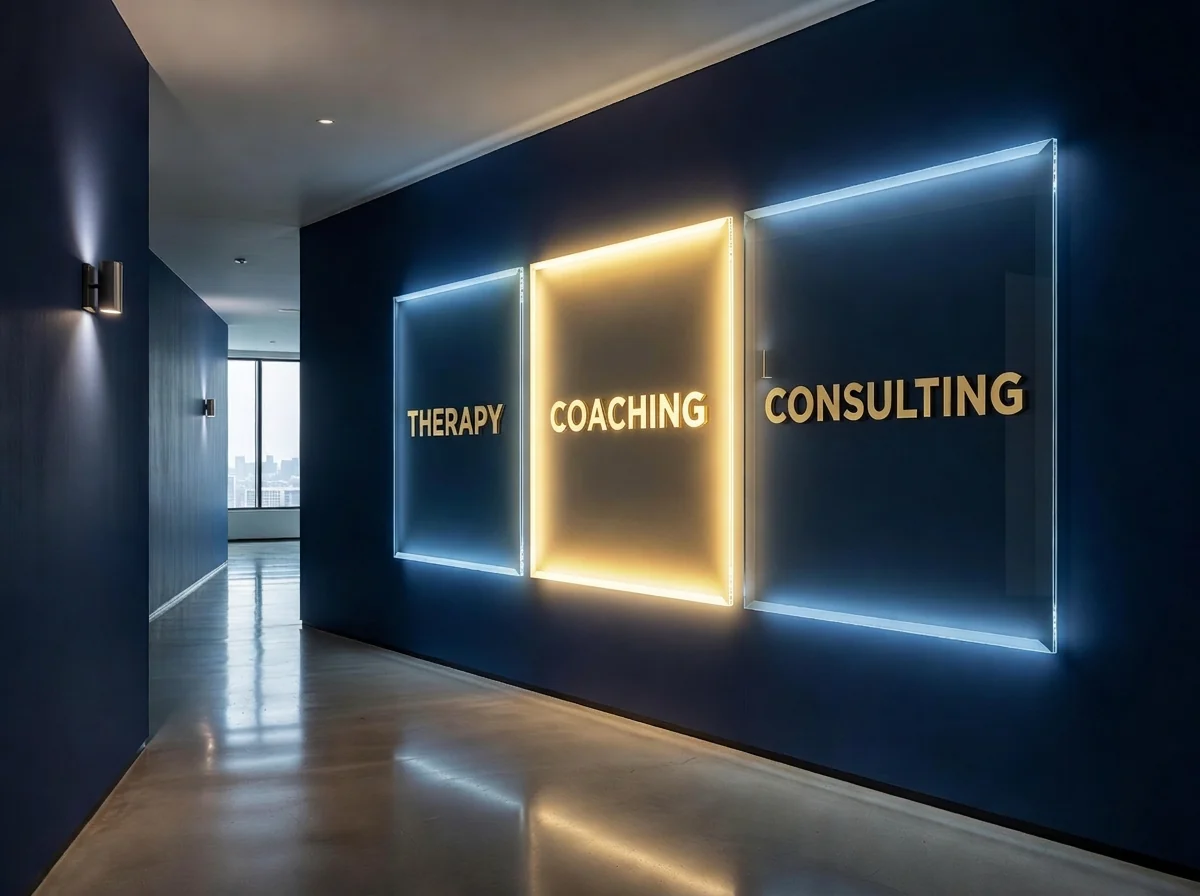 Three glass panels mounted on a dark navy wall in a sleek corporate hallway representing coaching vs therapy vs consulting, with the center Coaching sign glowing warm gold.