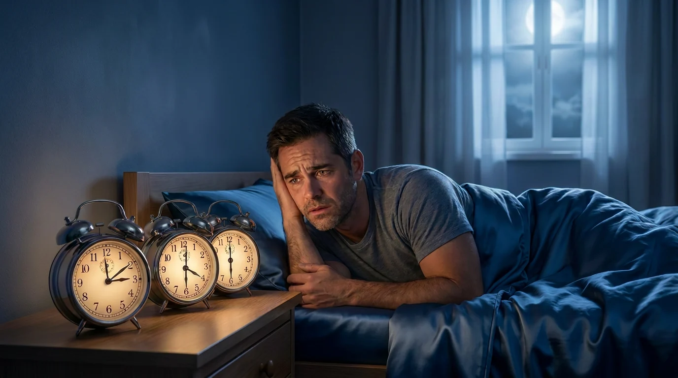 A stressed man lying awake in a dimly lit bedroom under moonlight, staring anxiously at alarm clocks on his nightstand while struggling with the sleep anxiety cycle and mind racing can't sleep anxiety.