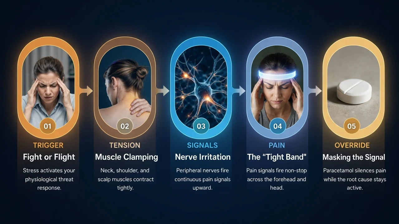 An infographic detailing a 5-step physiological pathway of how anxiety causes headaches by triggering muscle tension and nerve irritation.