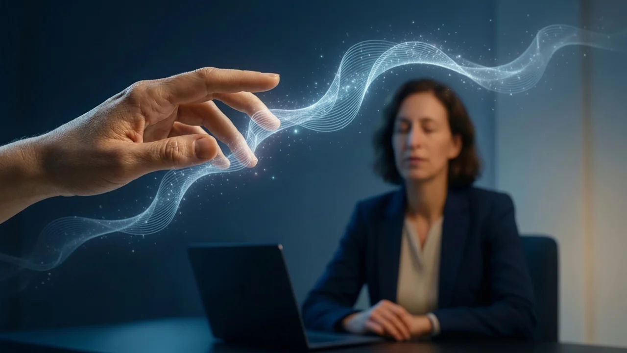 A gentle hand interacting with glowing neural filaments in the foreground, representing the untangling of thoughts through hypnosis for performance anxiety, while a professional sits calmly in the background.