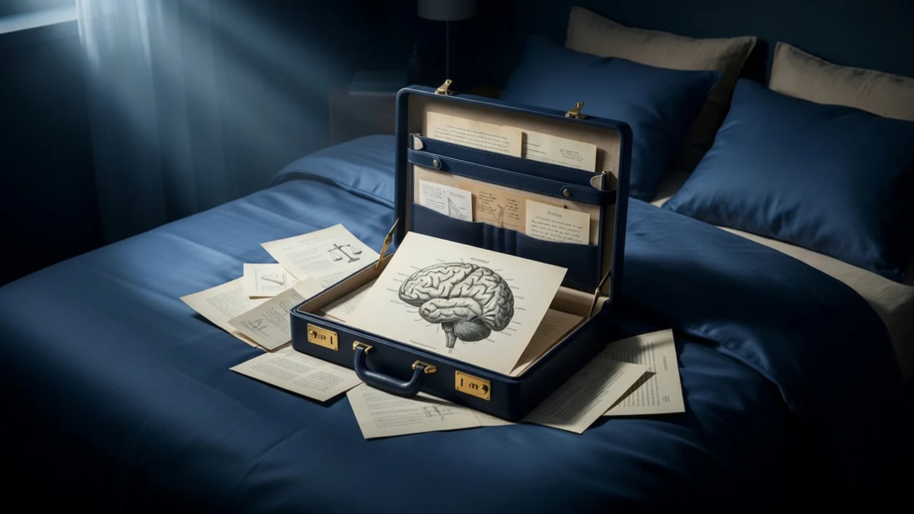 An open navy briefcase resting on a bedroom bed surrounded by scattered documents and a prominent brain sketch, symbolising work-related stress and a mind racing can’t sleep anxiety.