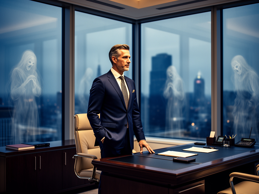 Anxious executive in a high-rise office symbolizing the Arrival Fallacy and the internal void of professional burnout