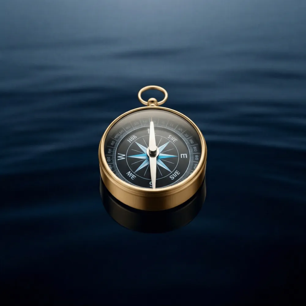 Brass compass over deep blue water